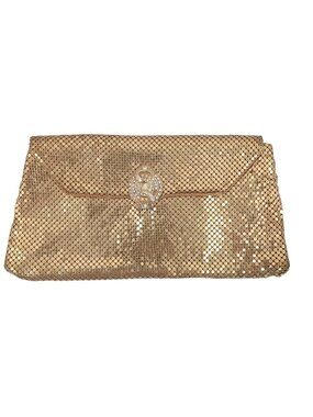 Vintage Whiting Davis Gold Mesh Clutch Purse AS IS Rhinestone Satin Lined 50s